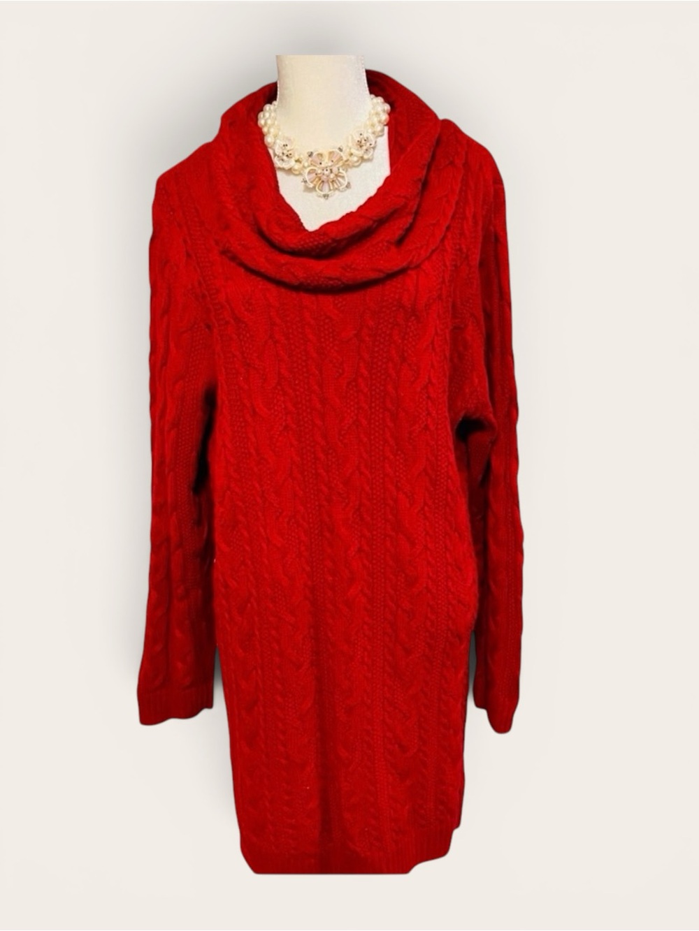 Jeanne Pierre Red Cable Knit Sweater Tunic 2X 100% Cotton Cowl Neck Side Slits